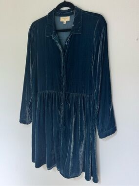 Moulinette Soeurs Teal Velvet Button-Front Long Sleeve Dress